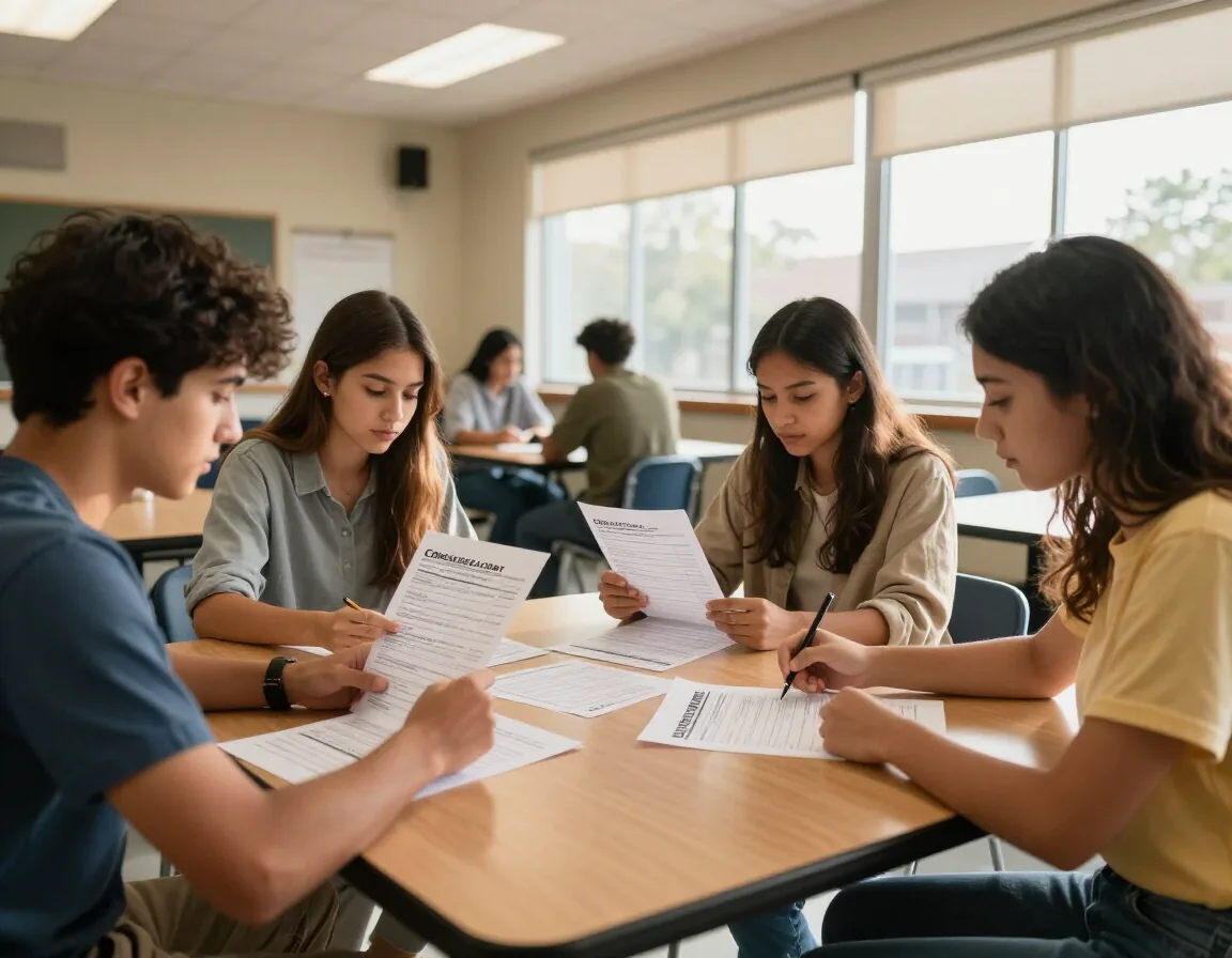 Students reviewing course materials in small groups