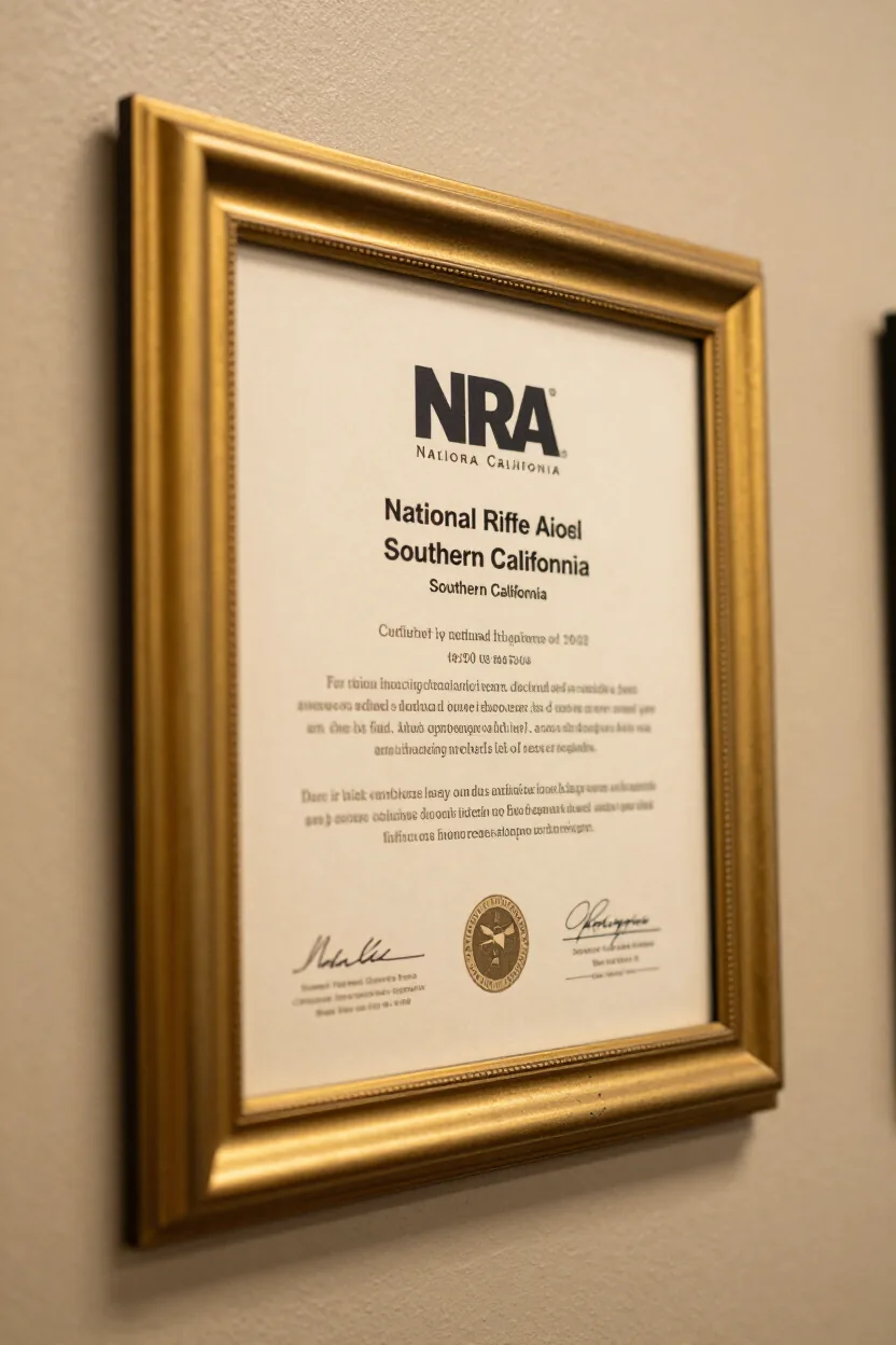Framed NRA certification on the classroom wall