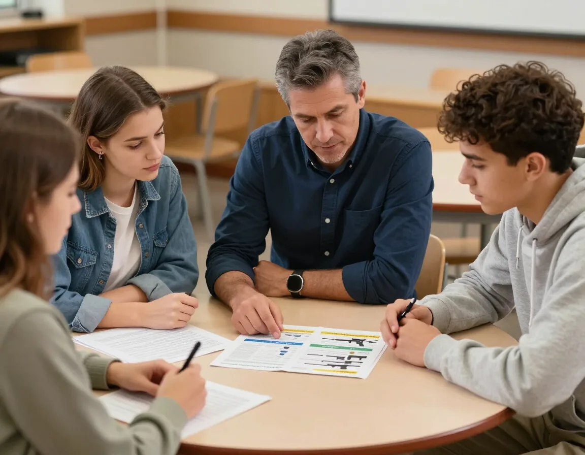 Instructor reviewing paperwork with students